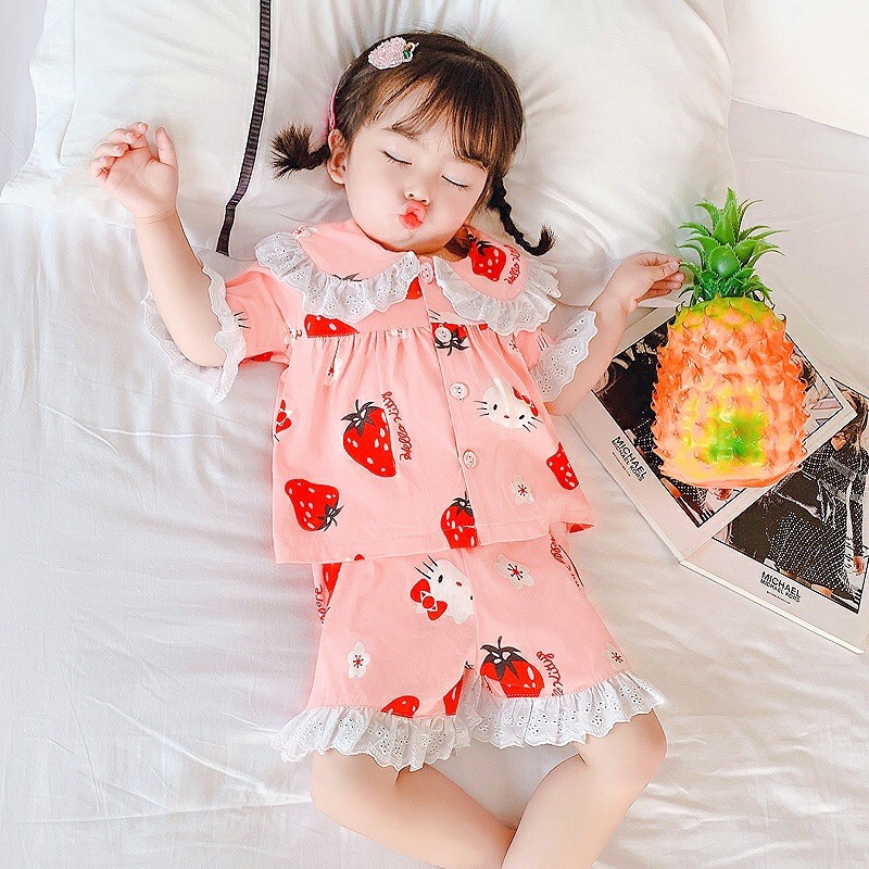 Bộ pizama thô mềm phối ren cho bé gái từ 8-20kg