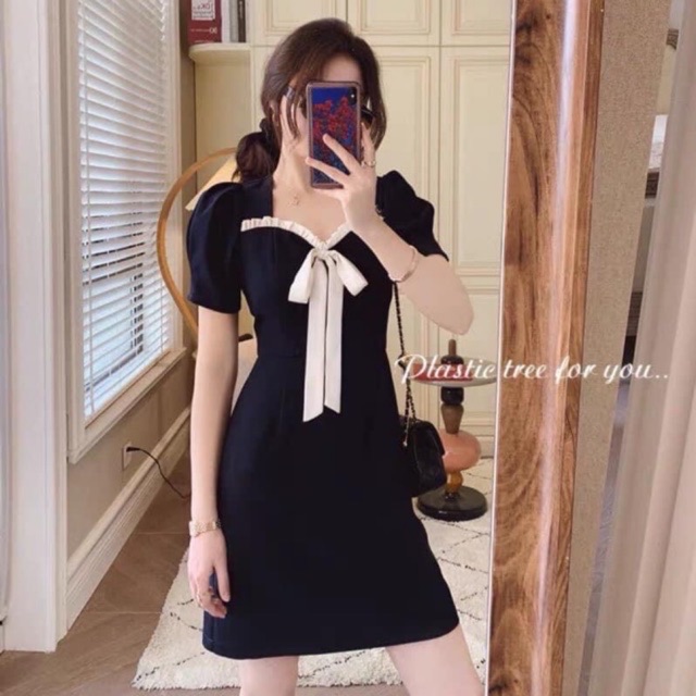 Váy Buộc Nơ Ngực Tay Bồng Dáng Ngắn