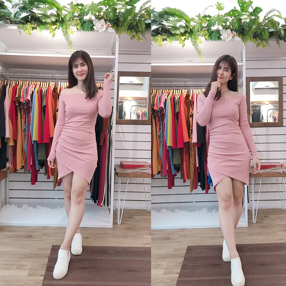 483 - Đầm ôm body bẹt vai ngang, nhúng eo, tà đắp chéo tay dài