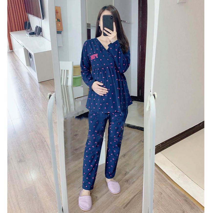 Bộ pink bầu và sau sinh vén chéo ngực cho bé bú, chất cotton cao cấp - 𝐁𝐃𝟎𝟓