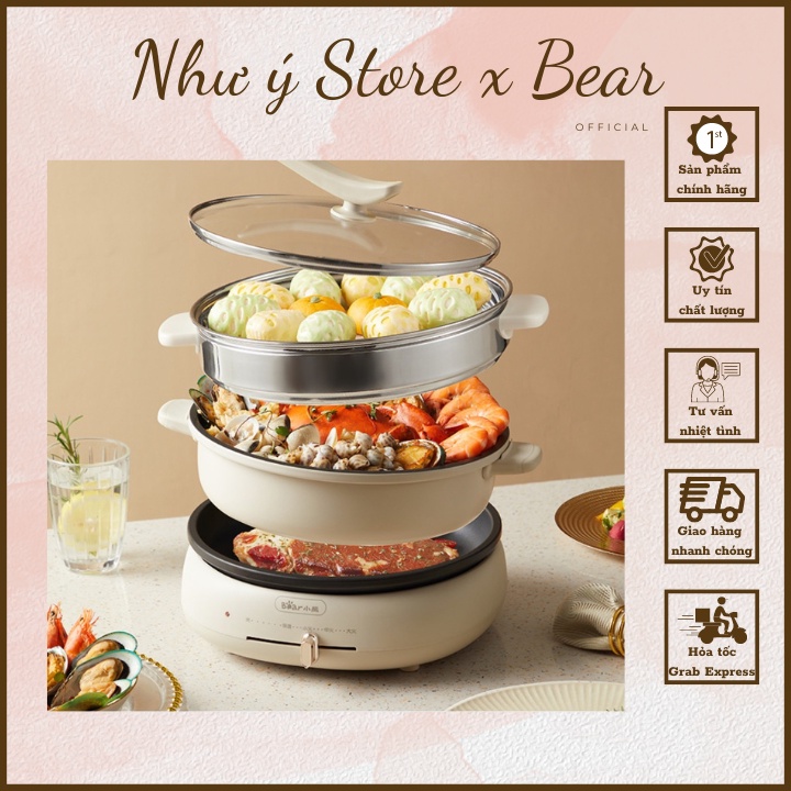 Nồi lẩu - nướng Bear 3 in 1 kèm khay hấp - hàng có sẵn - Bảo hành 12 tháng.