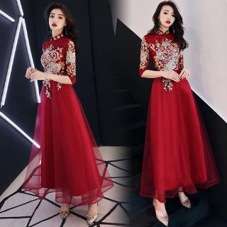 Đầm Dự Tiệc Dáng Dài Màu Đỏ Rượu Vang Kiểu Trung Hoa Sang Trọng Cho Nữ