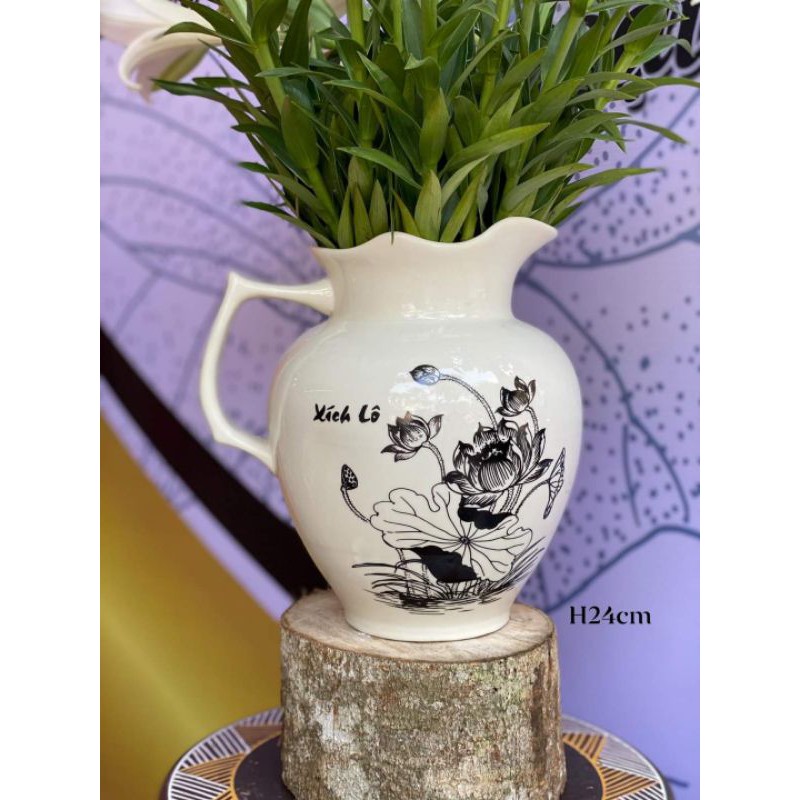 Bình lọ cắm hoa dáng bình sữa xích lô men kem vẽ sen độc đáo cao 24cm Gốm decor trang trí Bát tràng giá rẻ