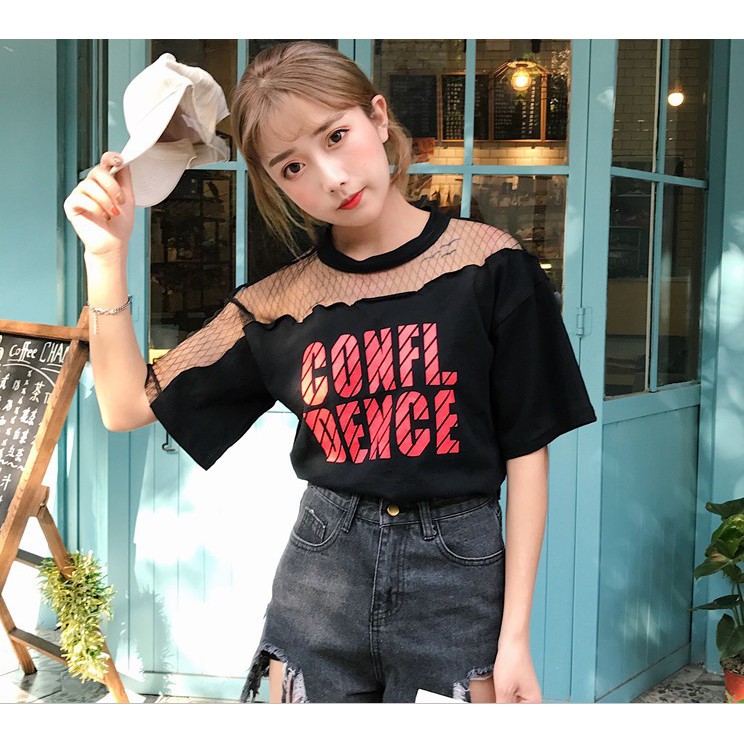 Áo thun phối lưới in chữ CONFL DENCE cực xinh có 2 màu đen trắng