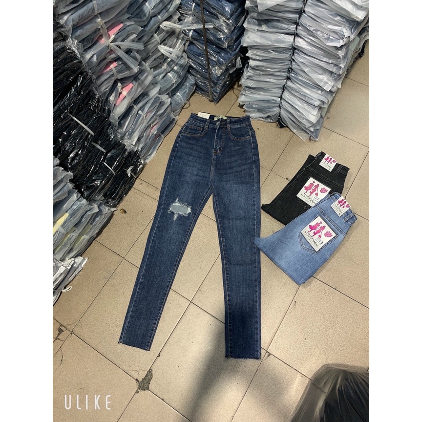 Quần jean nữ lưng cao phủ rốn rách gối form đẹp QJ394