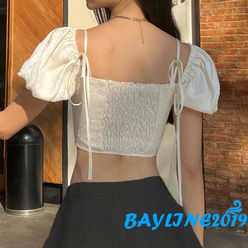 Áo Croptop Tay Phồng Ngắn Cổ Buộc Dây Thời Trang Cho Nữ