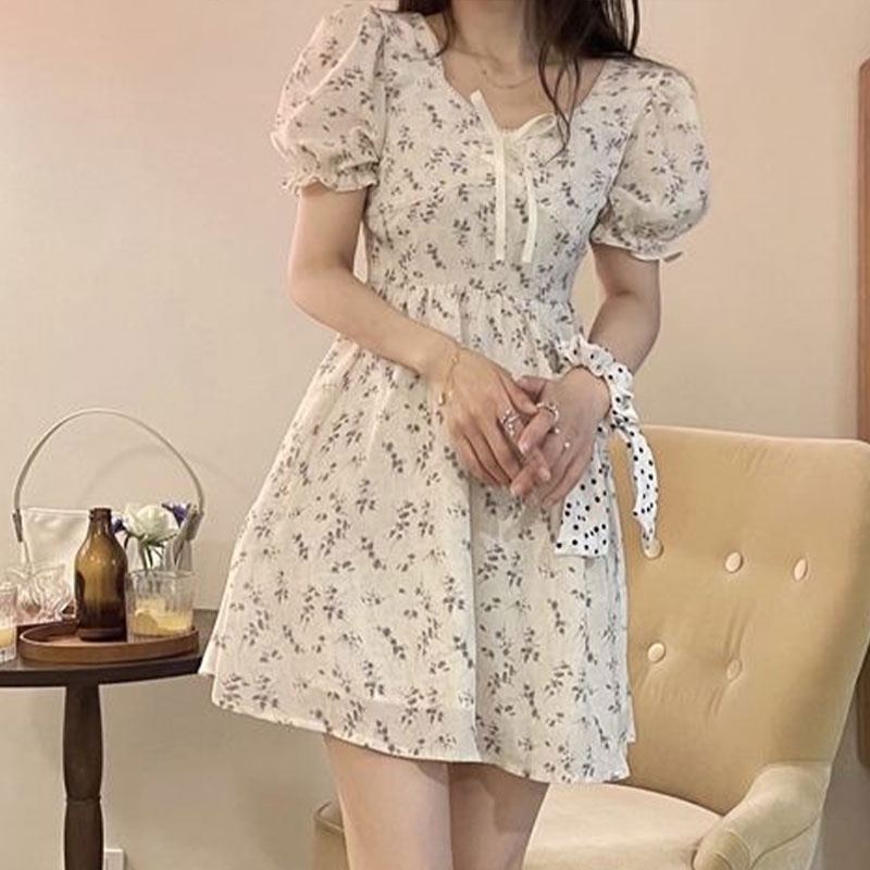 Đầm Xin LAN YA SHE voan tay phồng họa tiết hoa phong cách Pháp váy thiết kế tay bồng