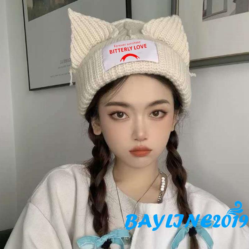 Bay-female Mũ Len Beanie Dệt Kim In Họa Tiết Chữ Tai Mèo Trang Trí Mùa Thu Đông Màu Be / Đen / Xanh Lam