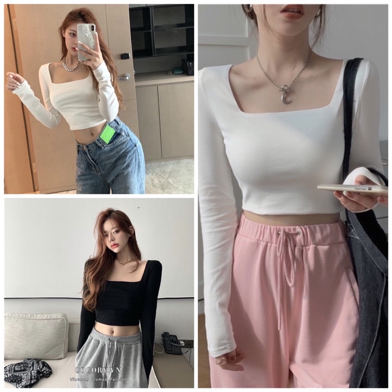 Áo thun kiểu croptop tay dài cổ vuông
