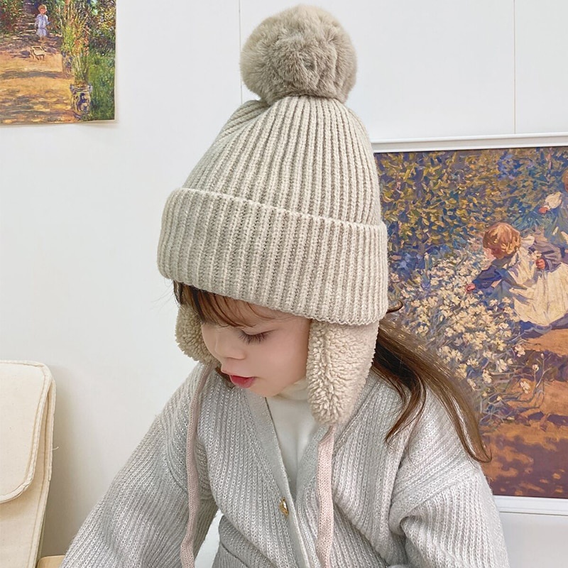 Mũ Beanie Dệt Kim Dày Dặn Giữ Ấm Tai Thời Trang Mùa Đông Cho Bé