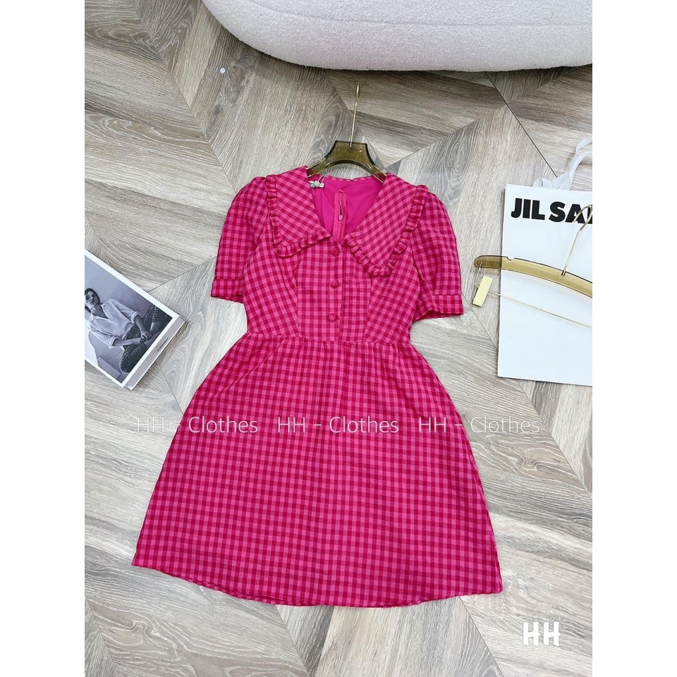 Váy babydoll vải đũi mềm đầm kẻ hồng sen mịn mát from dưới 58kg-Minxy shop