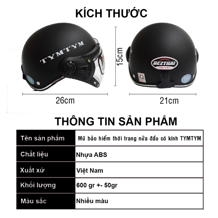 Mũ nón bảo hiểm thời trang nửa đầu có kính dùng đi xe máy an toàn Tymtym đầy đủ tem chất lượng nhiều màu đẹp(đen)