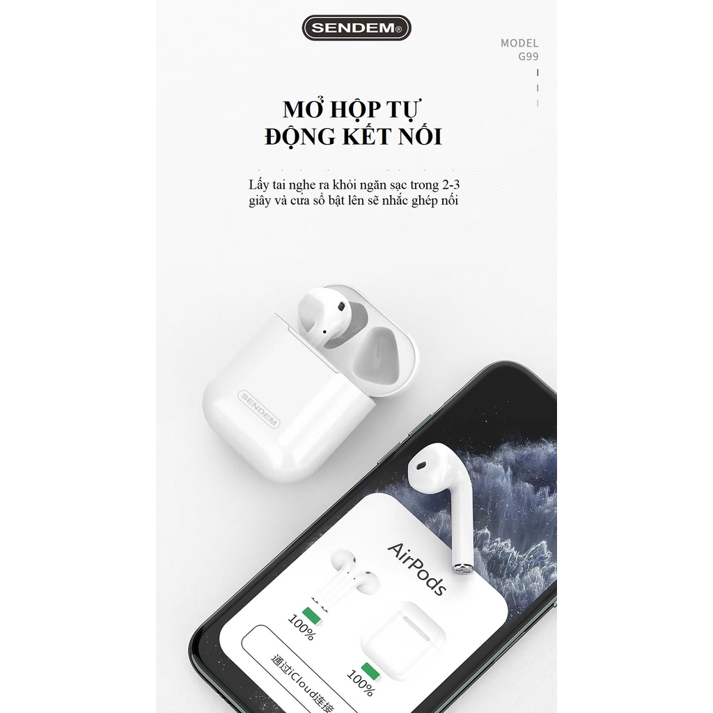 Tai nghe Bluetooth v5.0 không dây TWS SENDEM G99 bảo hành 1 năm hàng chính hãng