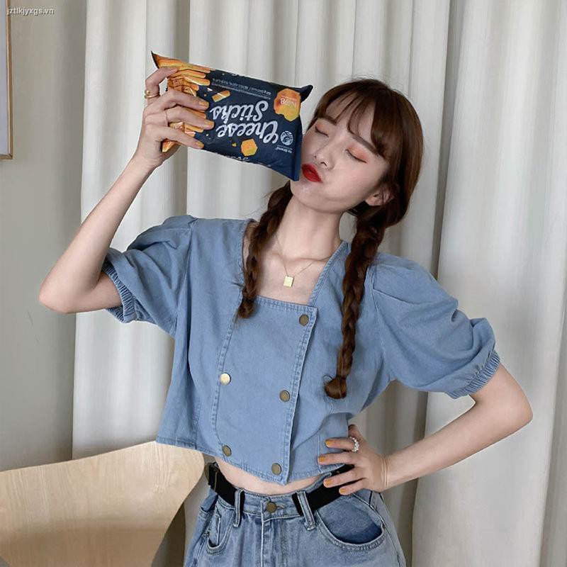 ✚Summer 2021 new retro Hong Kong style design sense navel short loose square collar denim short-sleeved shirt top women