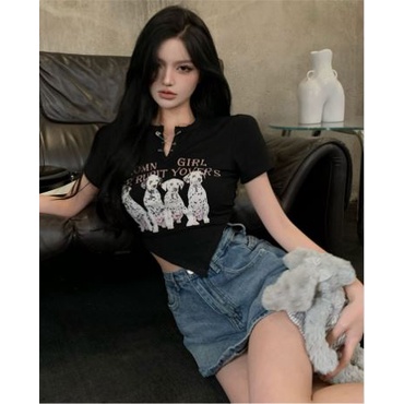 Ethelgirl Áo Thun Croptop Ngắn Tay In Họa Tiết Hoạt Hình Phong Cách Hong Kong Cho Nữ