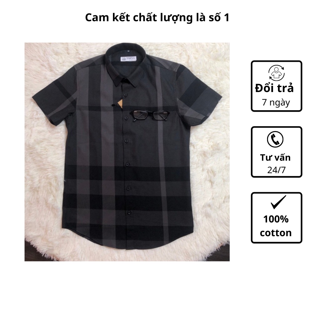 Áo sơ mi kẻ burberry nam tay ngắn vải cotton , bbr cộc tay kẻ to thoáng mầu đen SMC01