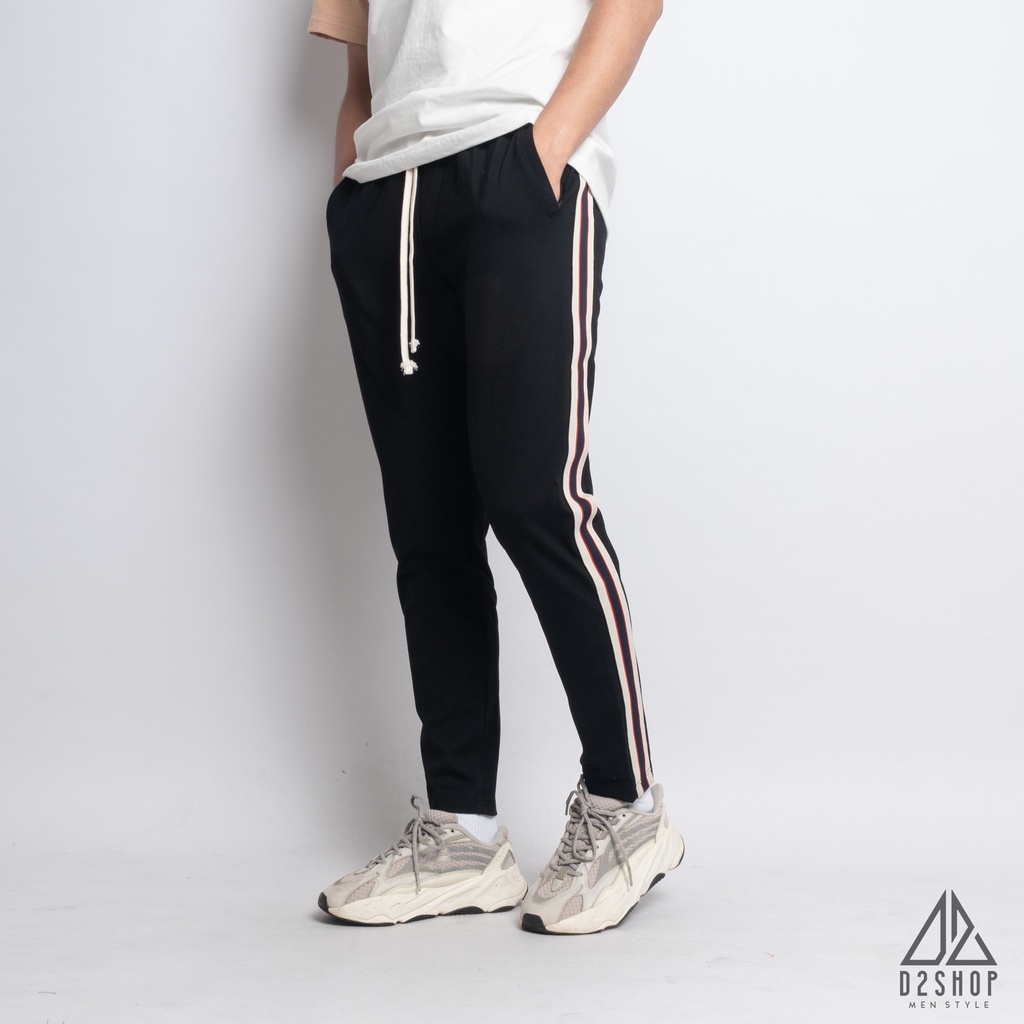 Quần thể thao nam D2shop, quần thun nam co giãn màu đen, sọc đỏ