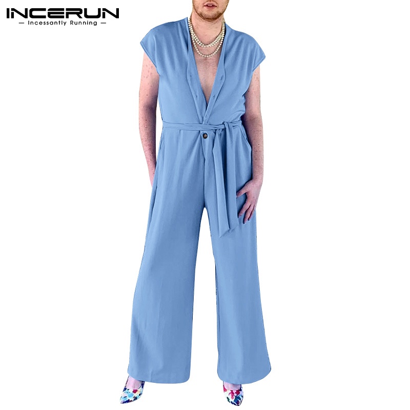 Bộ áo liền quần INCERUN cổ chữ v không tay cài nút thắt lưng thời trang mùa hè cho nam