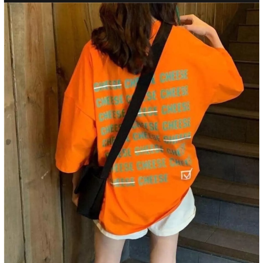Áo thun in dòng chữ CHESSE màu cam in trước sau, áo thun nam nữ unisex freesize