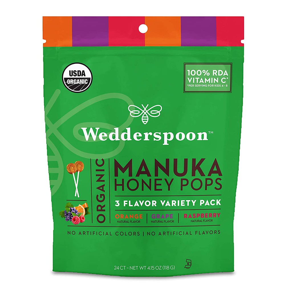 USA ✅Kẹo mút mật ong Manuka Hữu Cơ cho bé - Wedderspoon Organic Manuka Honey Pops For Kids - Top bán chạy tại Mỹ