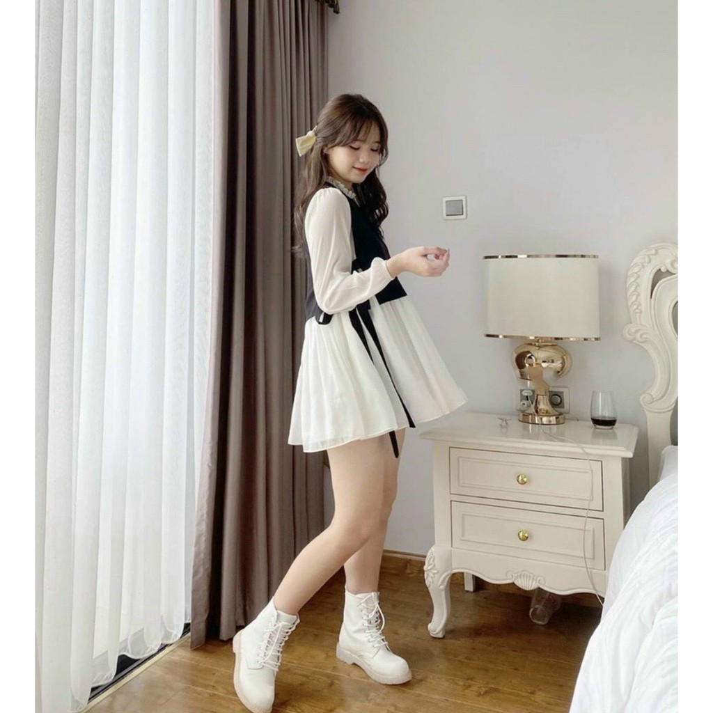 Váy Style Hàn Quốc Cực Xinh, Váy Babydoll Kiểu Dáng Tiểu Thư, Phối 2 Màu Đen Trắng Tay Ôm Vải Voan Mát Dễ Chịu.1399