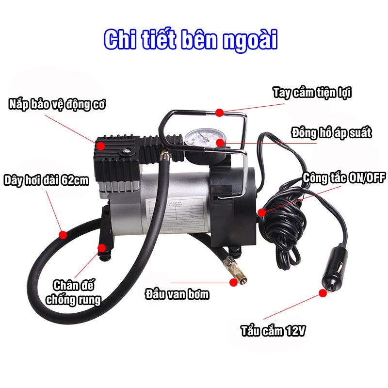 Máy bơm lốp ô tô 12V TBO-120W, Bơm lốp xe hơi mini