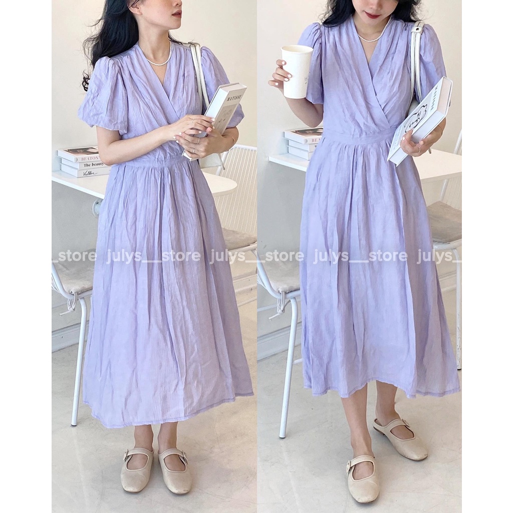 Đầm tơ nhăn cổ V 3 màu tiểu thơ