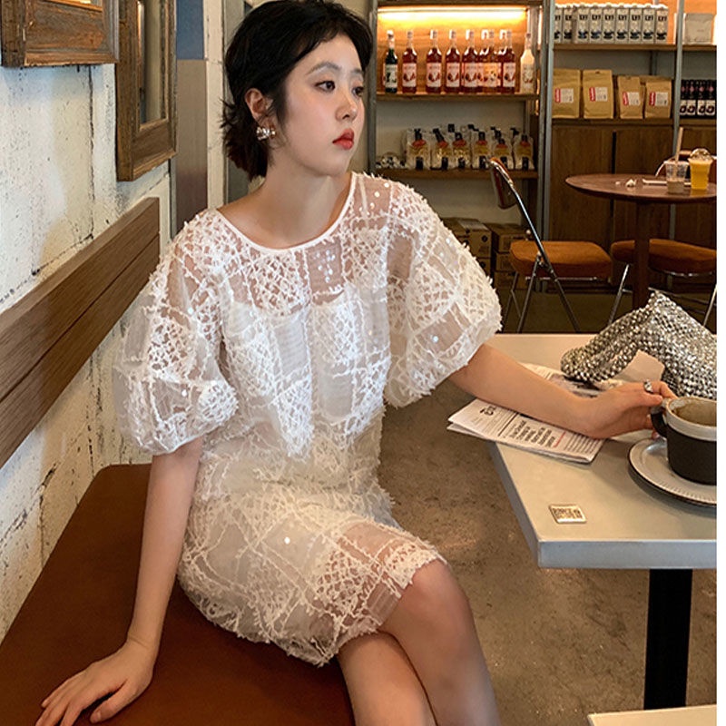 Đầm tay phồng phối ren phong cách Hàn Quốc thời trang hè cho nữ