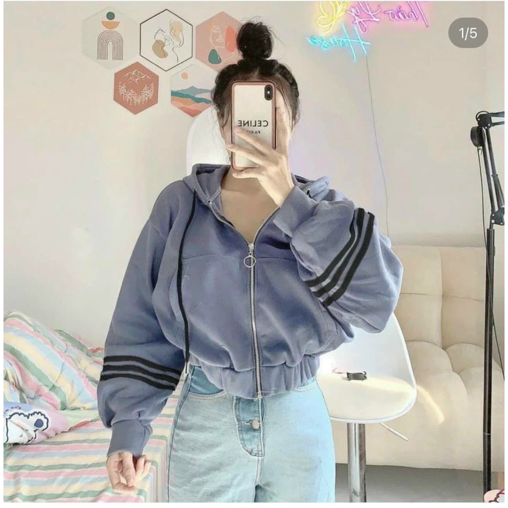 Áo khoác nỉ lửng form Croptop có nón, tay phồng kẻ sọc, chất dày dặn bao hot