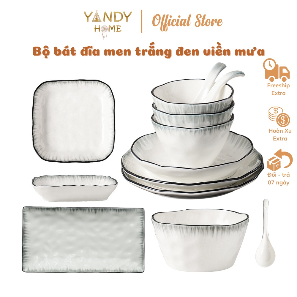 Bát đĩa tô chén gốm sứ YANDY HOME BB15 chất men cao cấp trắng đen viền mưa sang trọng siêu dày dặn