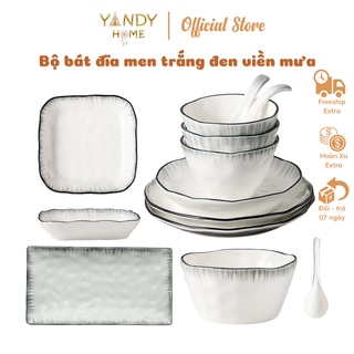 Mua Bát đĩa tô chén gốm sứ YANDY HOME BB15 chất men cao cấp trắng đen viền mưa sang trọng siêu dày dặn