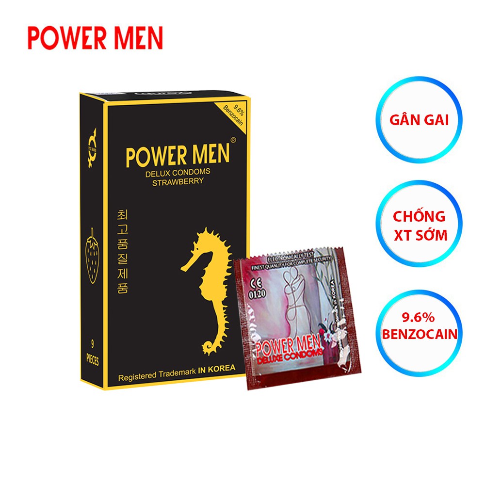 [MỚI] Bao cao su Gân Gai POWER MEN Strawberry Hương dâu, Chống xuất tinh sớm Hộp 9 chiếc