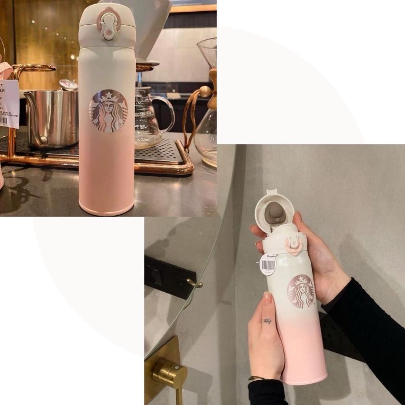 Bình nước giữ nhiệt nóng lạnh Stabuck chất liệu inox 304 màu hồng loang 500 ml Miibooshi D2.099