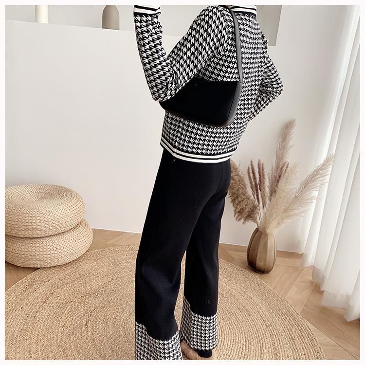 Set áo cardigan dệt kim + quần dài lưng cao ống rộng kẻ sọc thời trang mùa xuân thu kiểu Hà năng động dành cho nữ