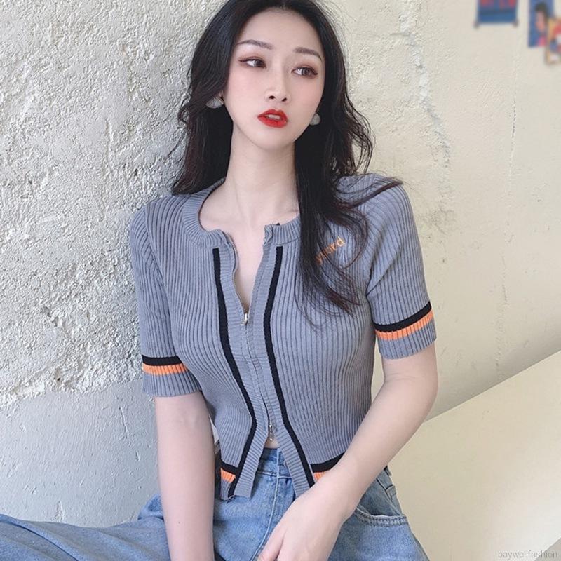 Áo Cardigan Dệt Kim Cổ Tròn Phối Khoá Kéo Thiết Kế Quyến Rũ