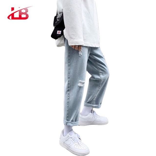 Quần baggy nam LB, jean denim cotton, cắt rách cá tính, bụi bặm, màu xanh sáng, BGSH6 | BigBuy360 - bigbuy360.vn