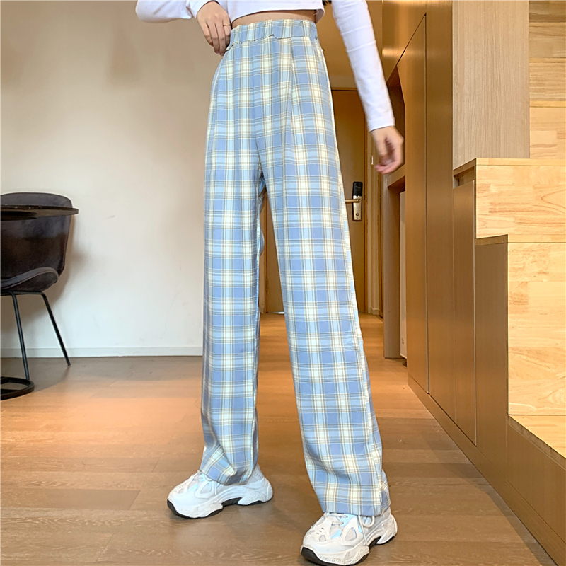 SUXI Quần Dài Lưng Cao Ống Rộng Họa Tiết Sọc Caro Cho Nữ