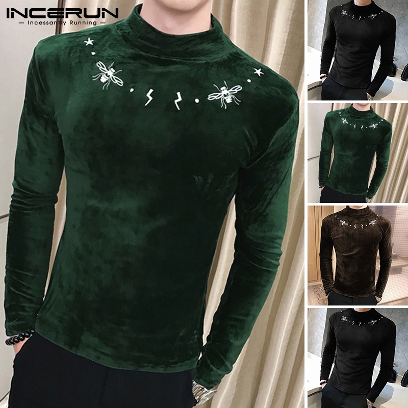 Áo thun INCERUN tay dài cổ lọ thêu họa tiết thời trang xuân thu cho nam