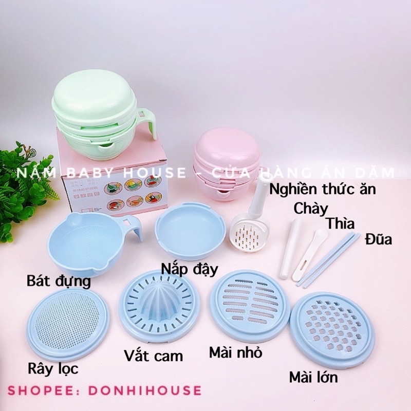 Bộ chế biến ăn dặm kiểu Nhật cho bé 10 chi tiết màu xanh dương, xanh lá, hồng
