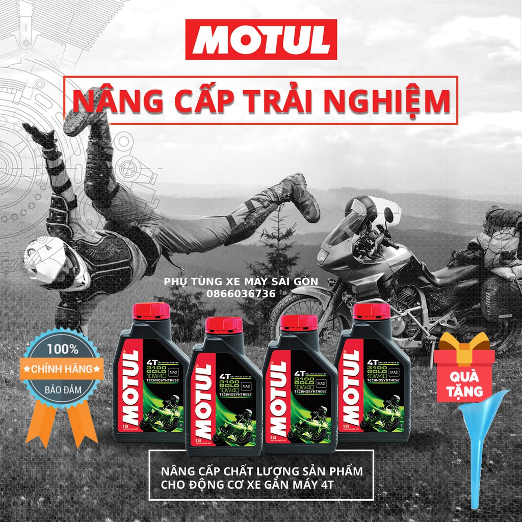 Nhớt MOTUL 3100 GOLD 10W40 1 Lít dành cho xe số, tay côn - Tặng phễu thay nhớt