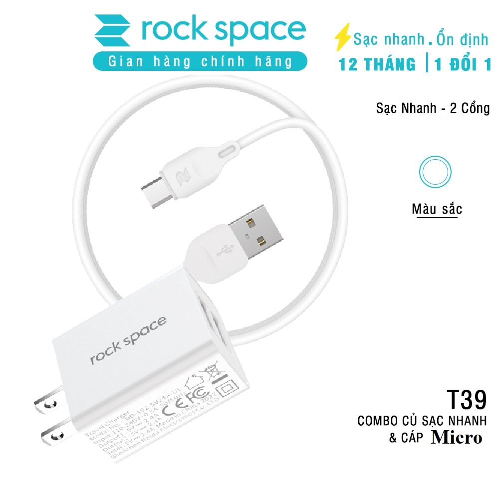 Bộ sạc nhanh Rockspace T39 Micro sạc nhanh 2,4A 2 cổng USB sạc nhanh ổn định không nóng máy hàng chính hãng – BH 1 năm