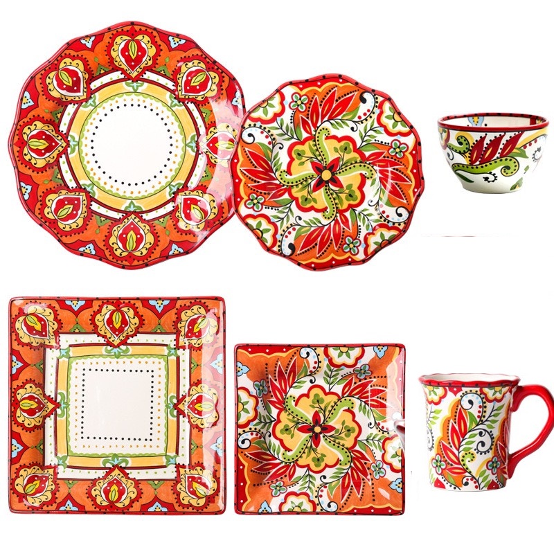 Set đồ âu 4 cánh màu cam đỏ thổ cẩm vẽ tay xuất châu âu (hàng có sẵn)-Gốm sứ mỹ nghệ vẽ tay, cao cấp, an toàn sức khỏe