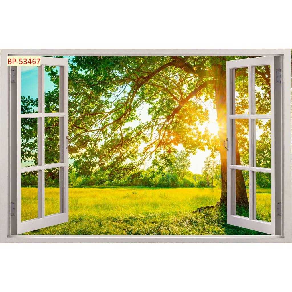 Tranh dán tường 3D khung cửa sổ thiên nhiên trong lành