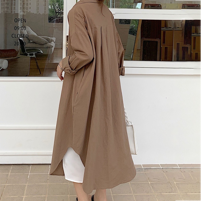 Brroa Đầm Sơ Mi Midi Tay Dài Cuộn Lên Trên Cổ Bẻ Cài Nút Xuống Xẻ Tà Bên Hông Đơn Giản Cho Nữ