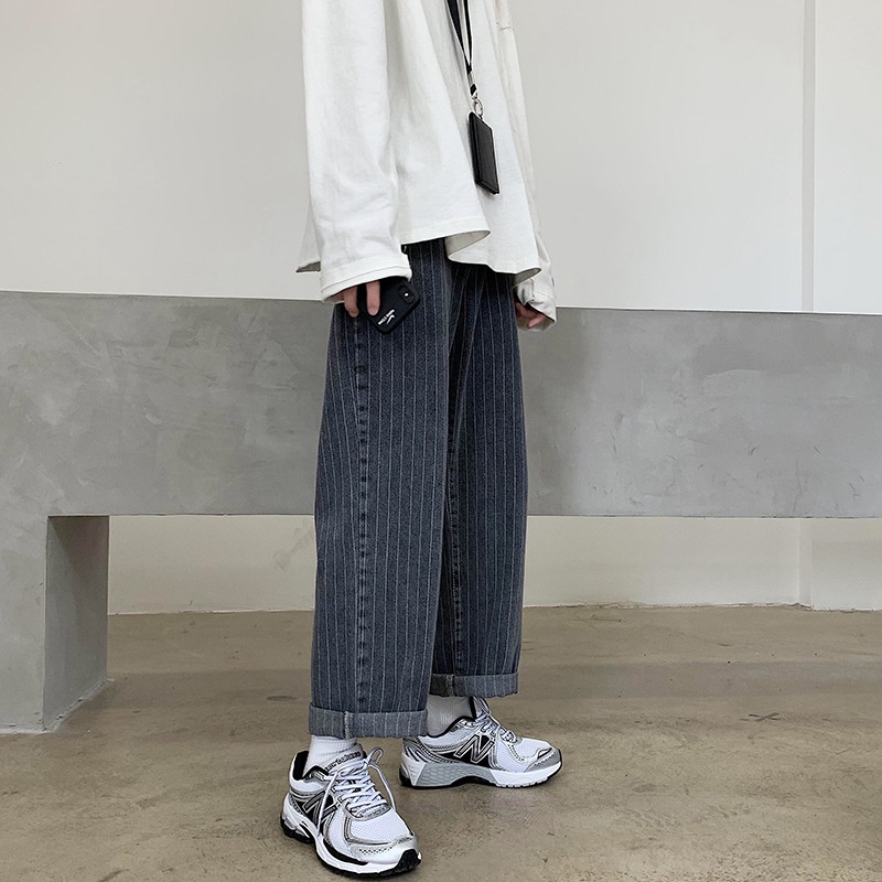Quần Denim Ống Rộng Kẻ Sọc Thời Trang Nhật Hàn Phong Cách Đường Phố Trẻ Trung Cho Nam Tf1
