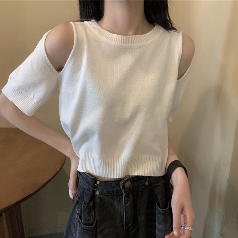 Áo thun dệt kim tay ngắn màu trắng thiết kế mới dành cho nữ 2021