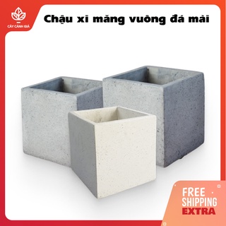 Chậu xi măng đá mài trồng cây hình vuông màu trắng/xám size 20/25/30 cm