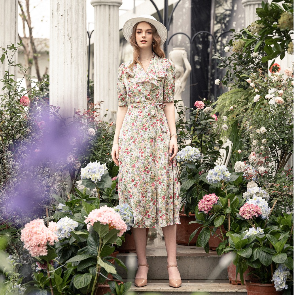 Đầm hoa xòe Emspo, giao cúc mở vạt, buộc nơ eo, cổ bẻ lá cổ bản to DM4008