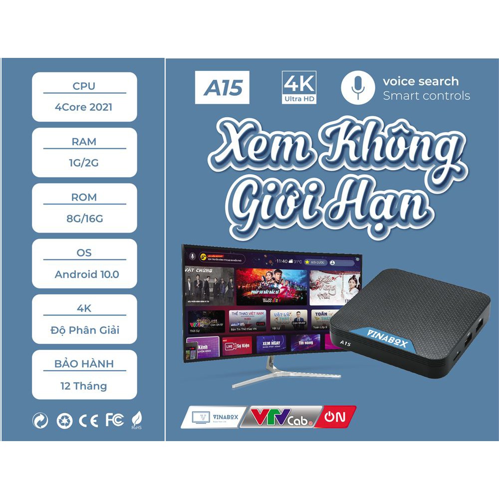 TV Box Vinabox A15 B 2021 Ram 2G Rom 16G Truyền hình miễn phí 200 kênh , Kèm điều khiển giọng nói - Hàng Chính Hãng