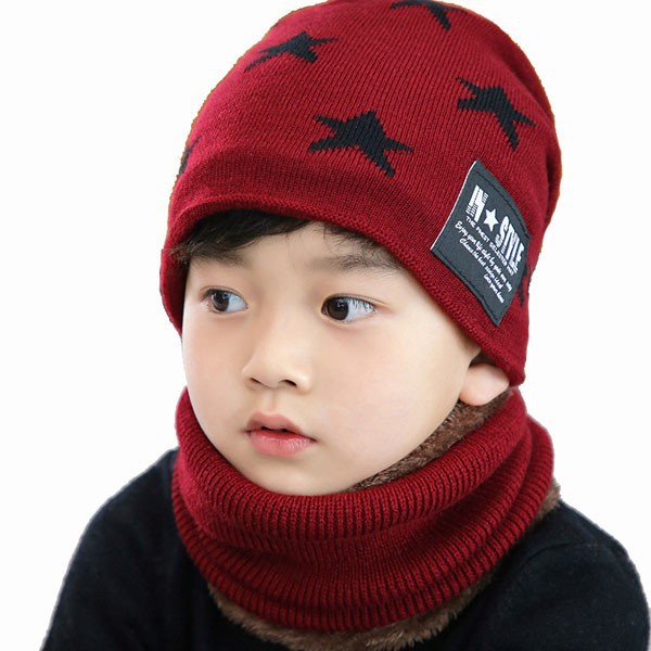 Set mũ len kèm khăn hình ngôi sao có lót lông cực ấm cho bé từ 3 đến 12 tuổi